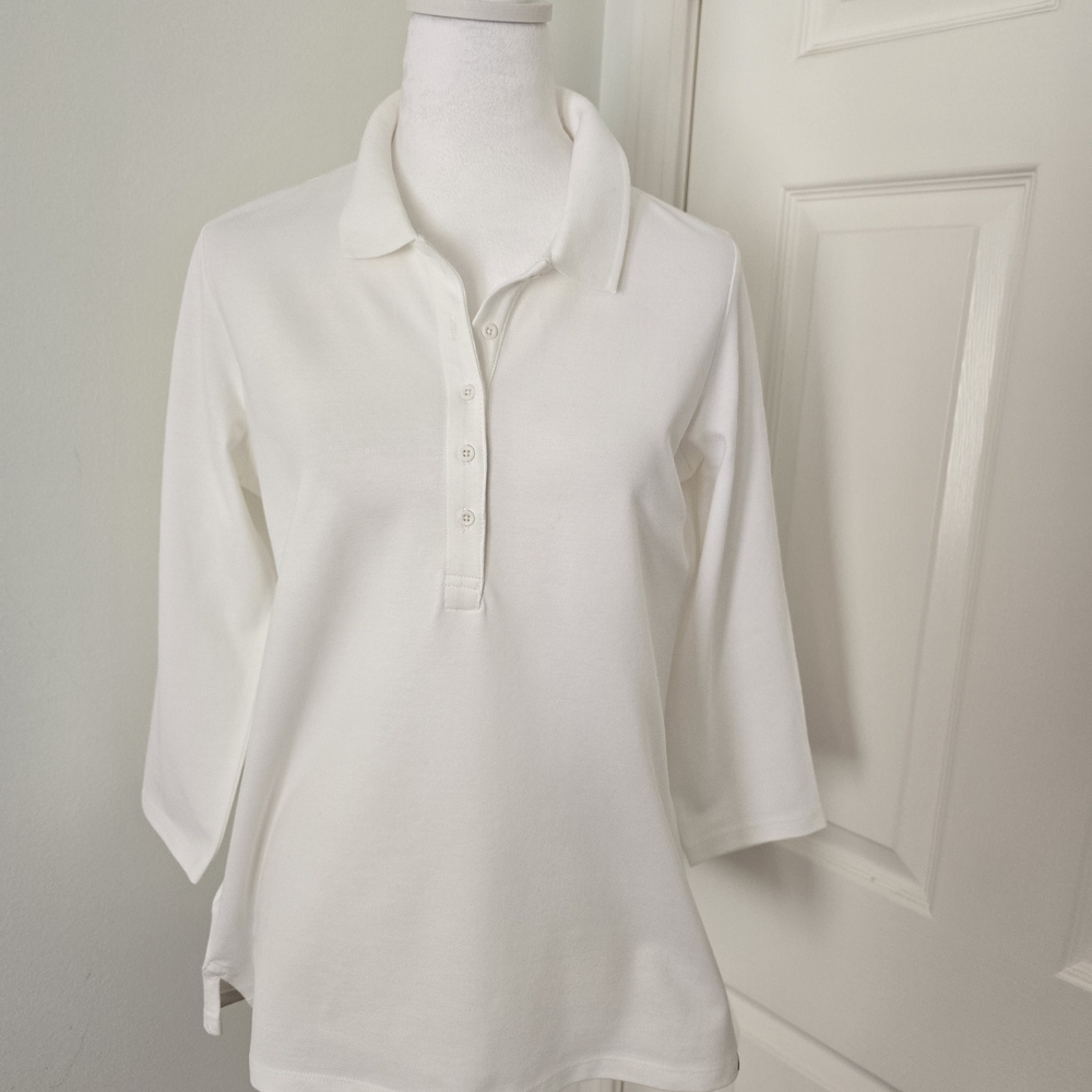 Eddie Bauer White Button Down Collared Outdoor Or Golf 3/4 Sleeve Top Sz (Med)